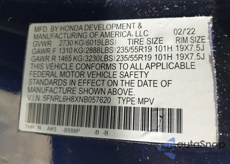 2022 Honda Odyssey Touring from USA, damaged, VIN 5FNRL6H8XNB057620